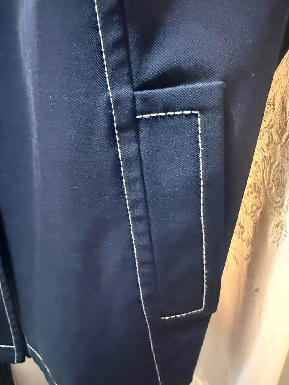 St John Classic Navy Trench Coat with White Stitching and Gold Accents & Belt - Picture 9 of 10